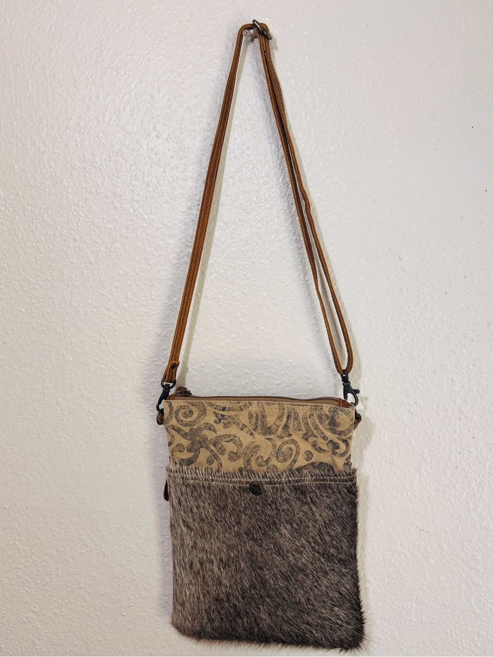 Myra Bag Brown Patterned Canvas & Haircalf Crossbody